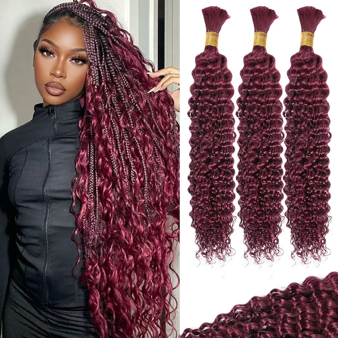 Deep Wave Human Braiding Hair - 18 Inch P4/30 | 100% Brazilian Virgin Curly, 5 Bundles for Boho Braids
