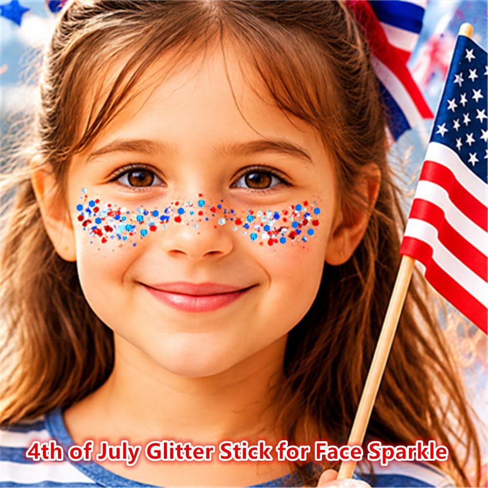 Go Ho 4th of July Glitter Stick,Patriotic Red White and Blue Face Hair Glitter,Fourth of July Accessories & Outfits Women,Sparkling USA Flag Body Glitter for Independence Day 250 Anniversary,1.23oz