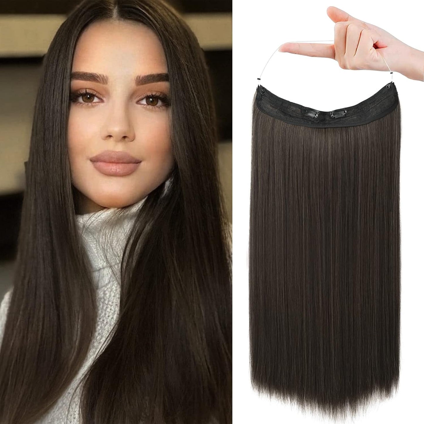 Invisible Wire Hair Extensions - Adjustable Transparent Headband with Secure Clips | Natural Black Hairpiece for Women