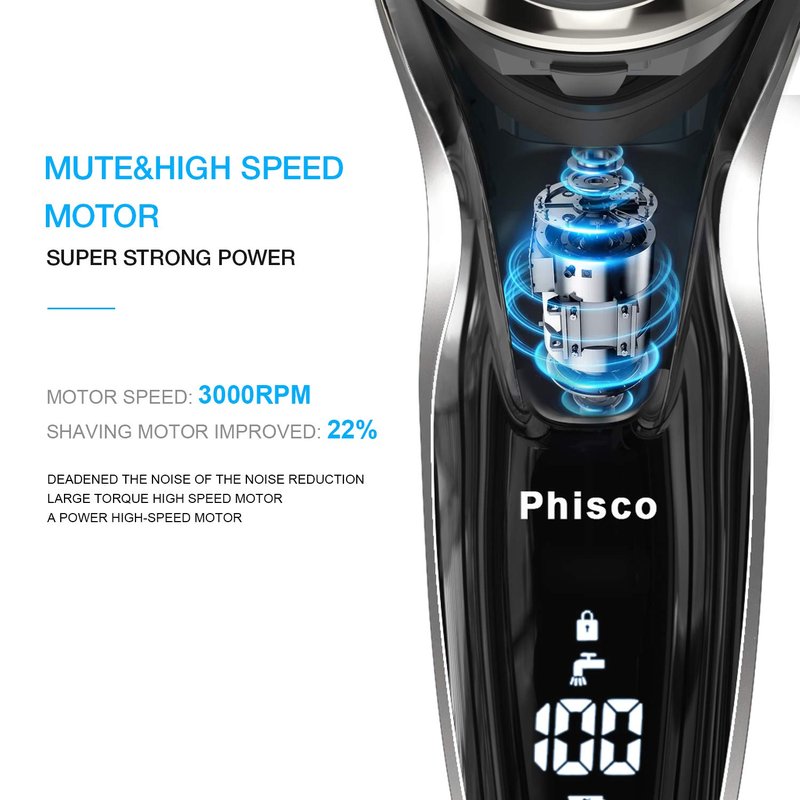 Phisco Electric Shaver Razor for Men, Rechargeable Floating Rotary Razor with Pop-up Sideburn Trimmer, LED Display Waterproof Shaver for Dry Wet Shaving
