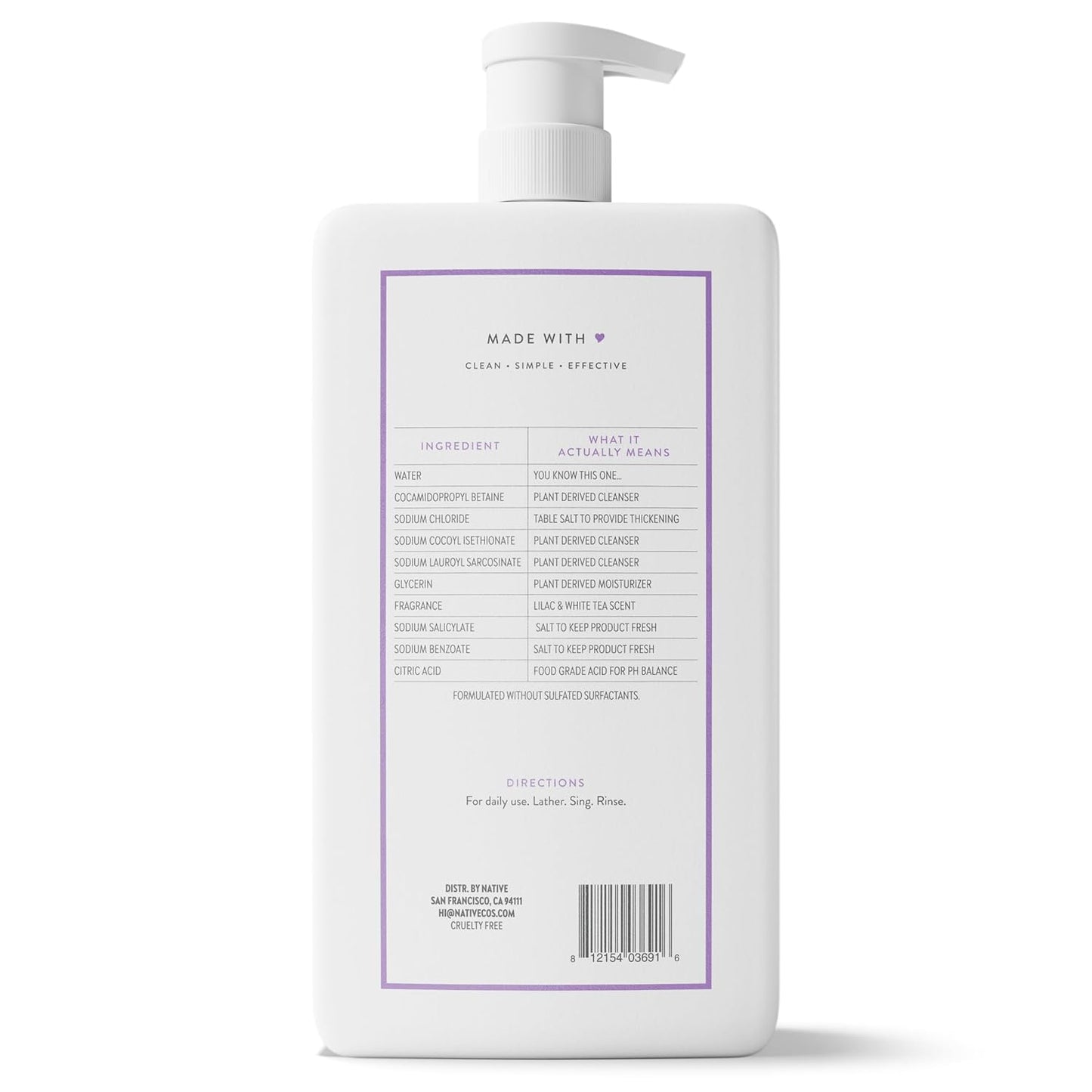 Native Body Wash - Lilac & White Tea, 36 oz Pump Bottle | Sulfate-Free & Gentle Formula for All Skin Types