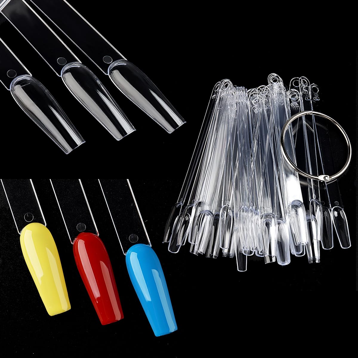 Fcozpjk Nail Color Swatch Sticks with Ring, 150pcs Ballerina Square Stiletto Clear Nail Tips, Nail Polish Display Sample Sticks, Practice Nail Tips, Nail Salon Supplies