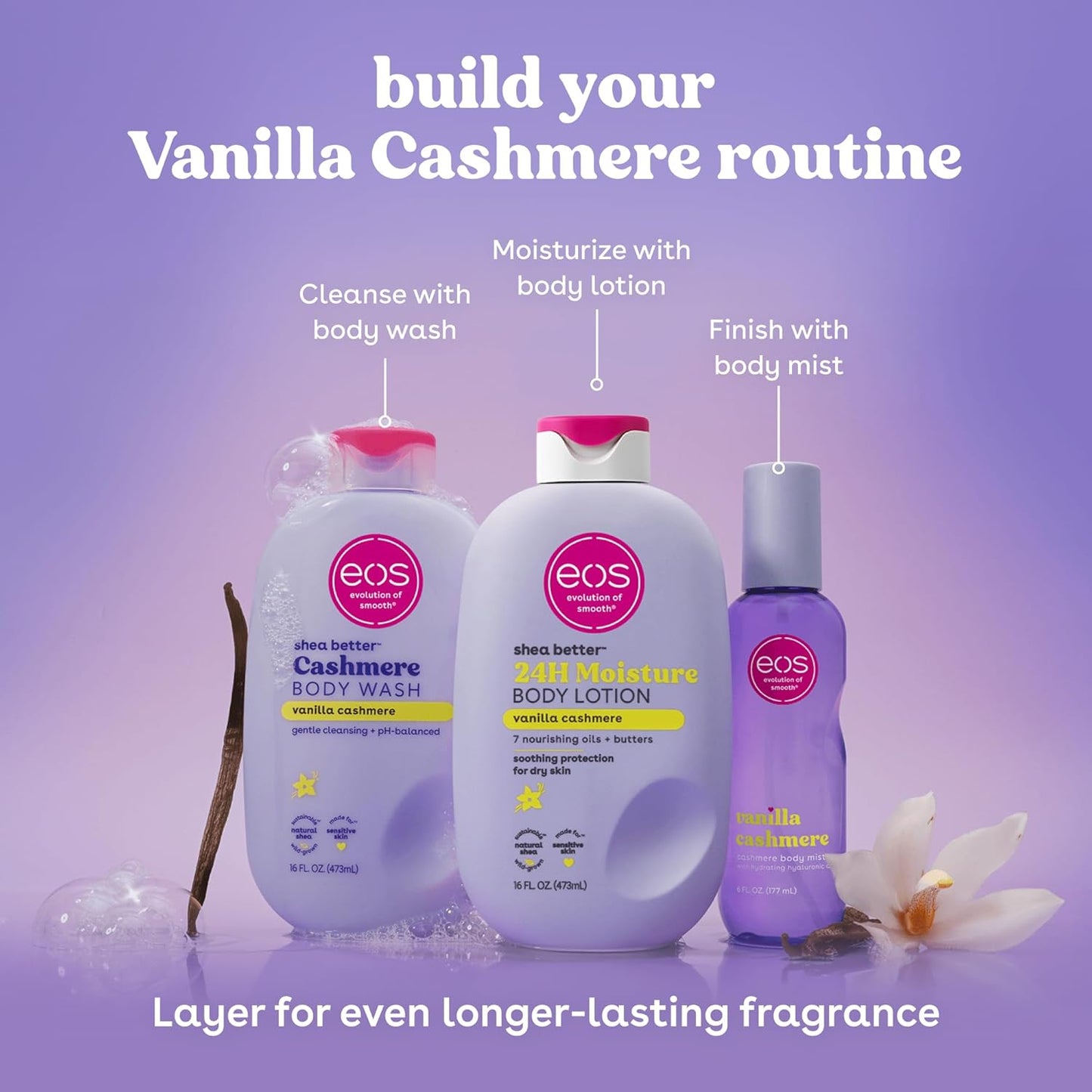 Eos Shea Better Body Lotion - Vanilla Cashmere, 24-Hour Moisture, Lightweight & Non-Greasy | 16 fl oz