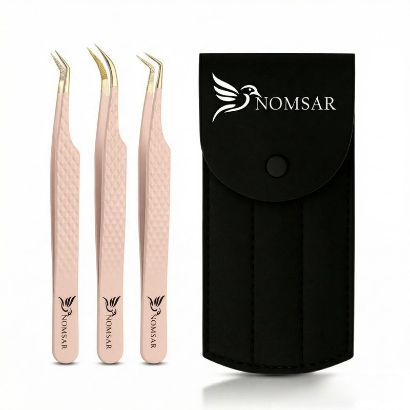 NOMSAR Professional Lash Extension Tweezers Set – Fiber Tip lash Tweezers with Diamond Grip | Stainless Steel Eyelash Extension Tweezers for Volume & Isolation | Lash Tweezers for Lash Artists (Peach)