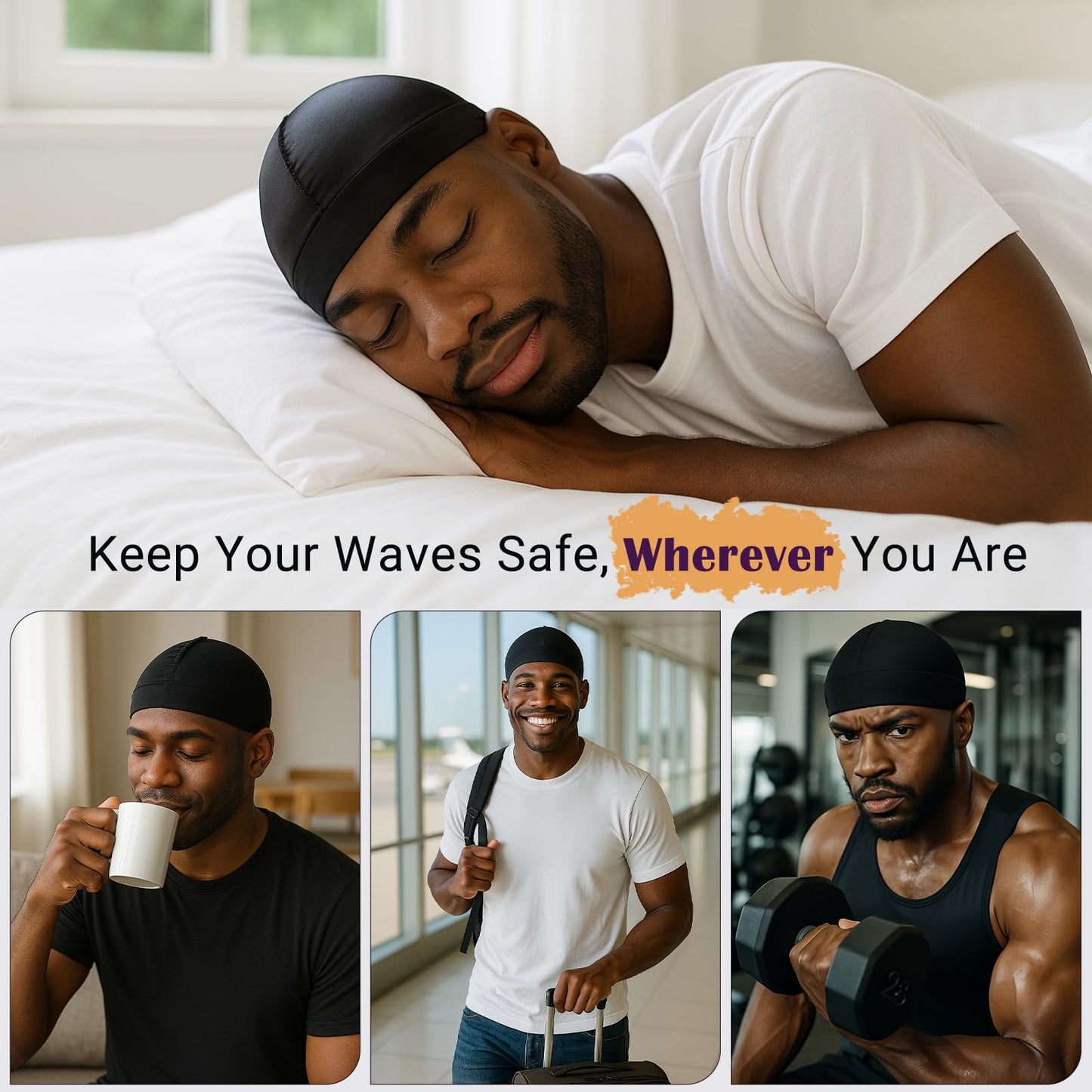 DURALA Adjustable Wave Caps for Men, Premium Elastic Stocking Cap for 360 540 720 Wave (Black+Black)
