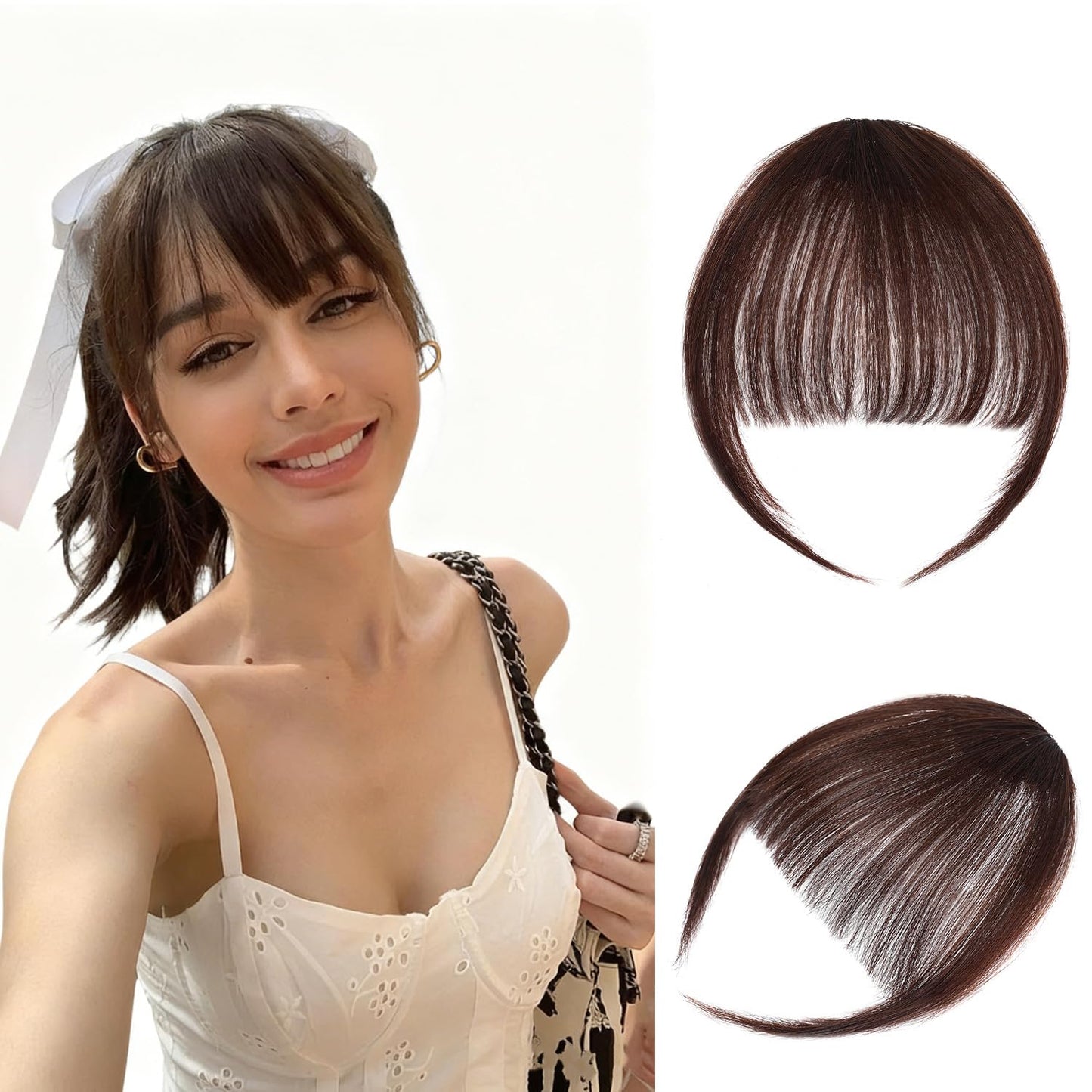 Clip In Bangs - 100% Real Human Hair Extensions | Wispy Dark Brown Fringe for Women