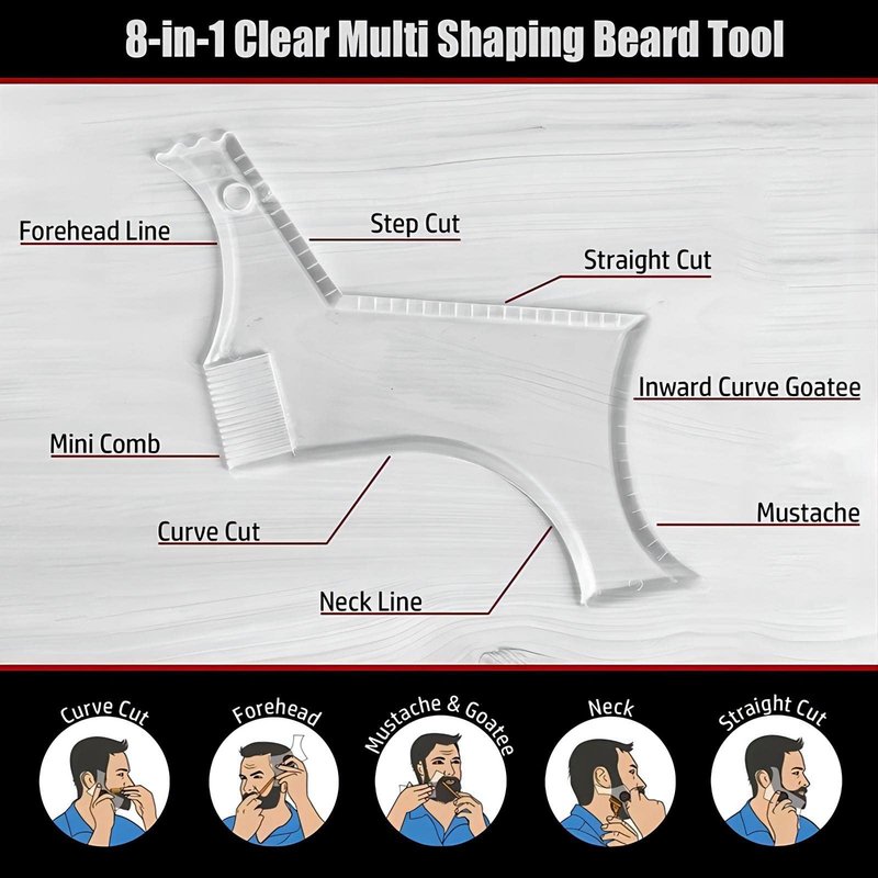 Beard Shaping & Styling Tool with Comb for Perfect line up & Edging for Men's Jaw Cheek/Neck Line, Symmetric/Curve/Step Cut Works with Any Beard Razor Electric Trimmers or Clippers (Clear-2pcs)