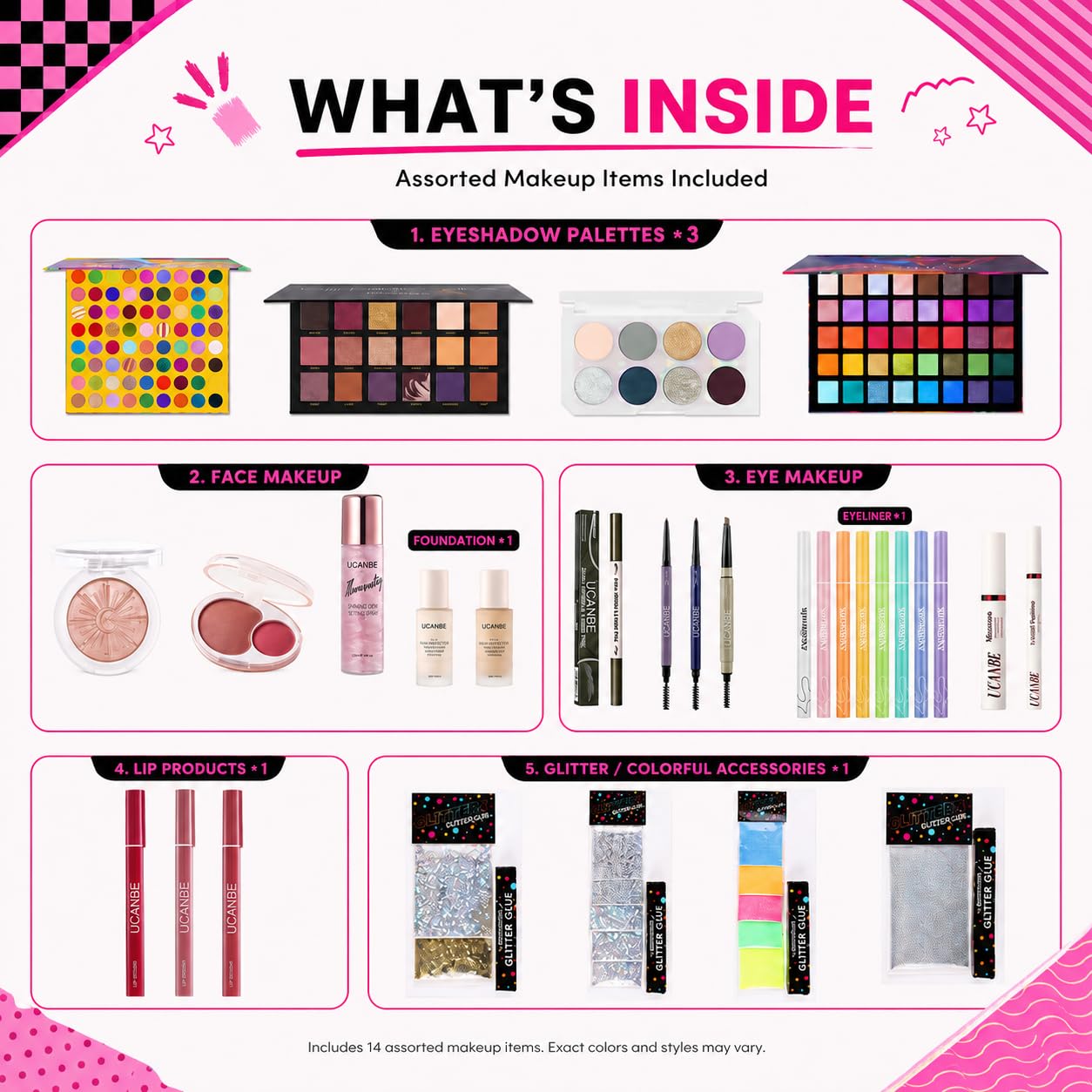 UCANBE Makeup Set Box, Assorted Makeup & Cosmetics Gift Box Worth $100, Beauty Set with Eyeshadow Palettes, Face Makeup, Glitter, Lip Products, Eye Makeup for Women