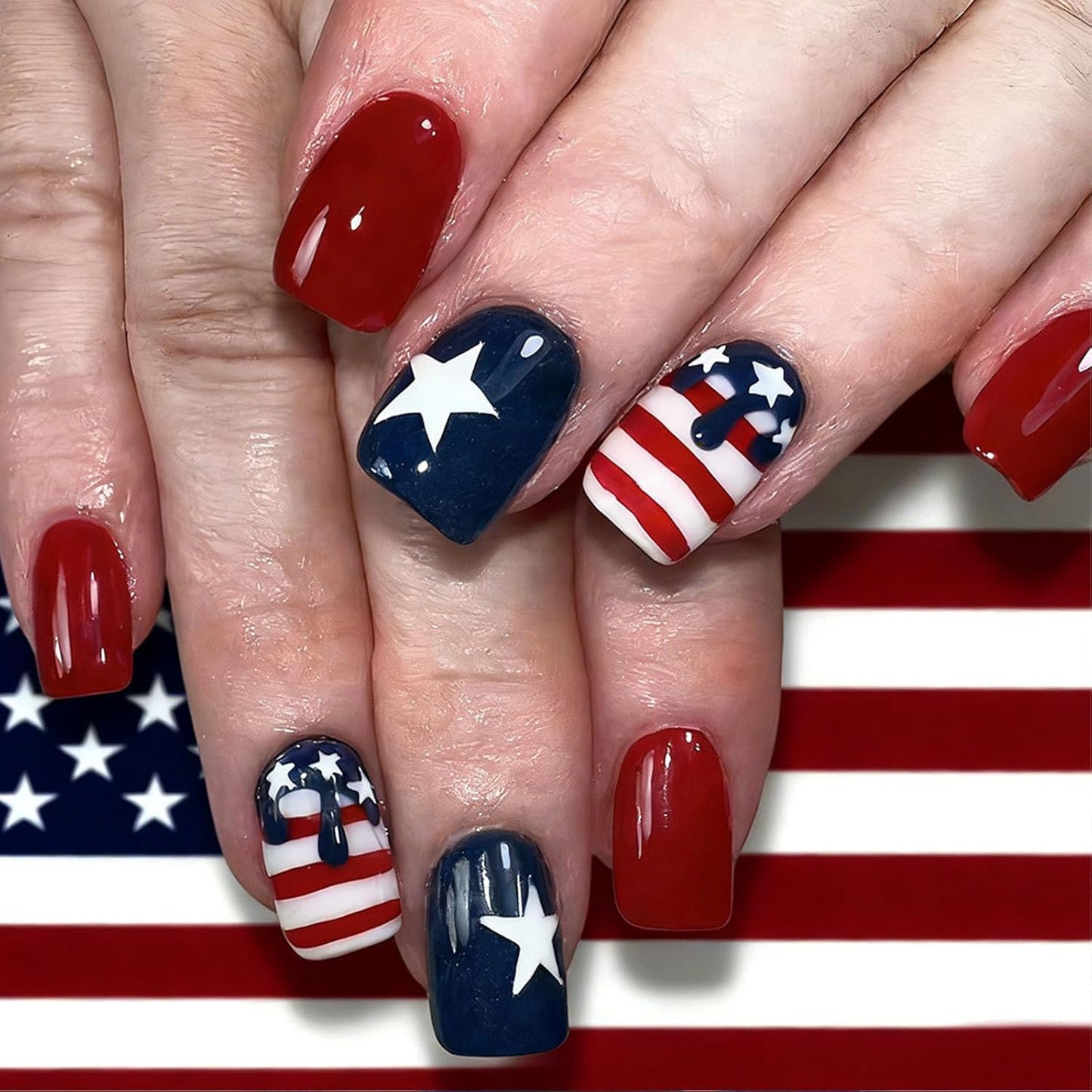 Press On Nails - Short Oval French Tip Design | Glossy Pink with Stars & American Flag - 24 Pcs