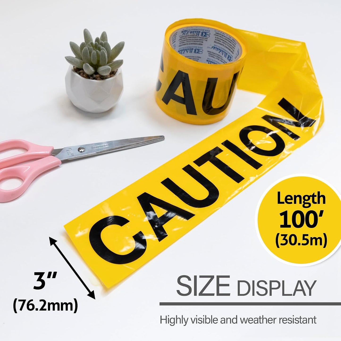 BAZIC Yellow Caution Barricade Tape - High-Visibility 3 in x 100 ft Hazard Warning