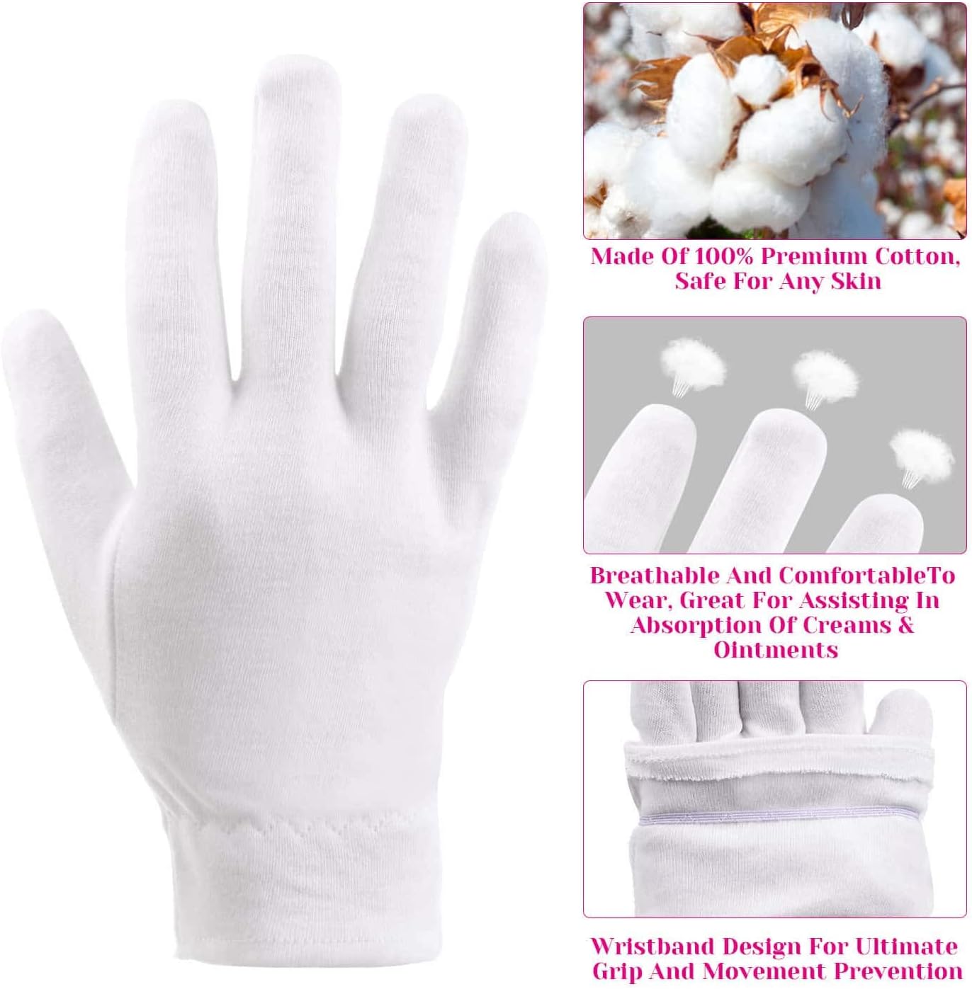 Cotton Gloves for Dry Hands & Eczema Relief - 10 Pairs White Moisturizing Gloves for Sensitive Skin | Spa Use