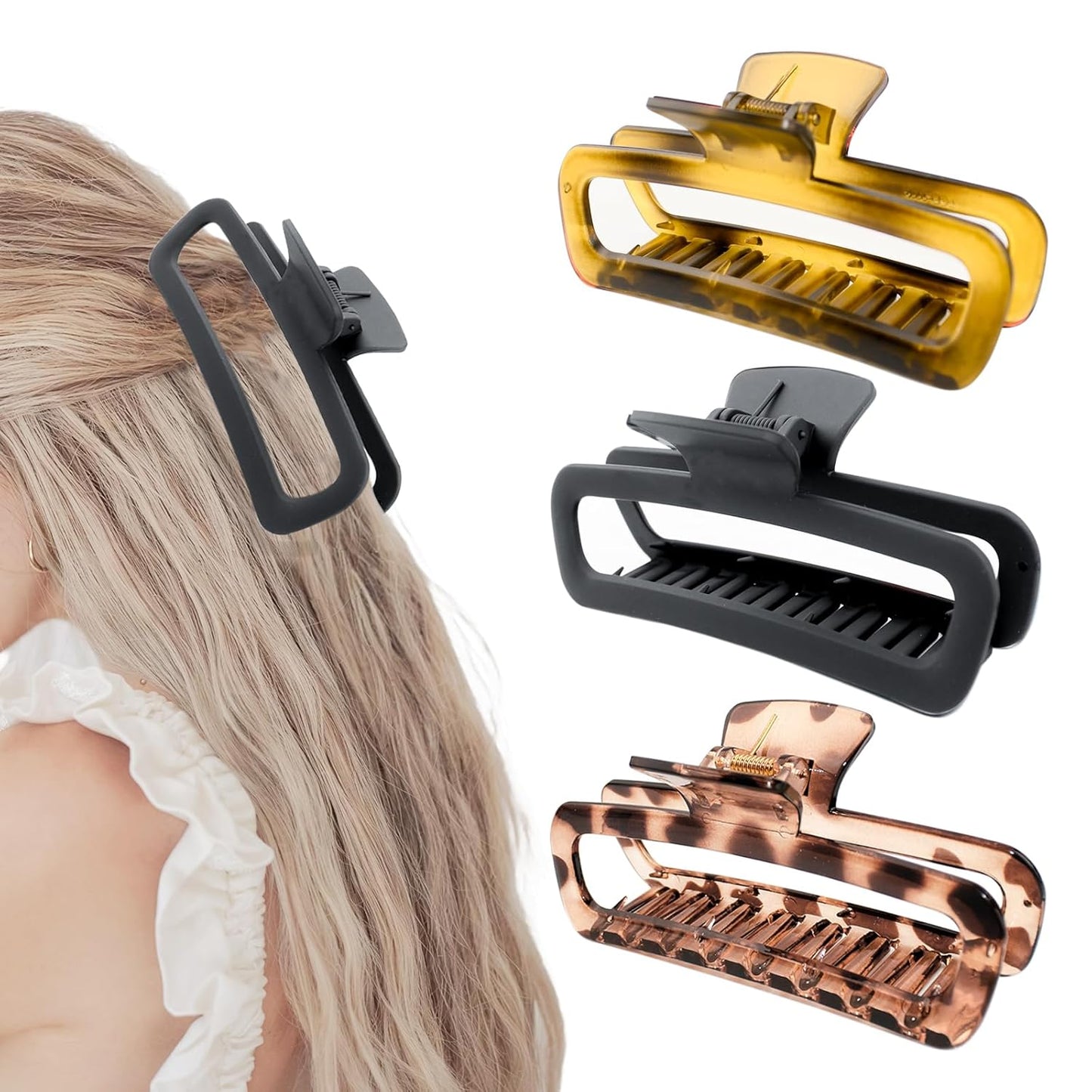 Large Hair Claw Clips - Unbreakable Glossy Rectangle Jaw Clips for Thick & Curly Hair | 5.1 Inch XL - 3 Pack