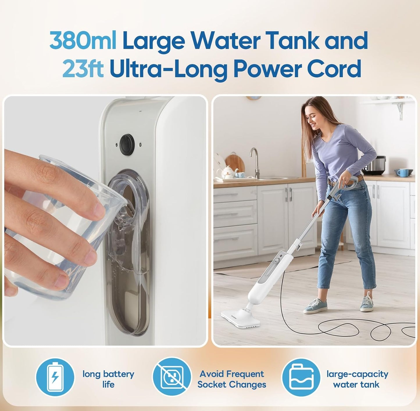 Powerful Steam Mop - Multi-Functional Handheld Steam Cleaner with 2 Steam Levels, 380ML Tank & 23FT Cord | Ideal for Whole Home Use
