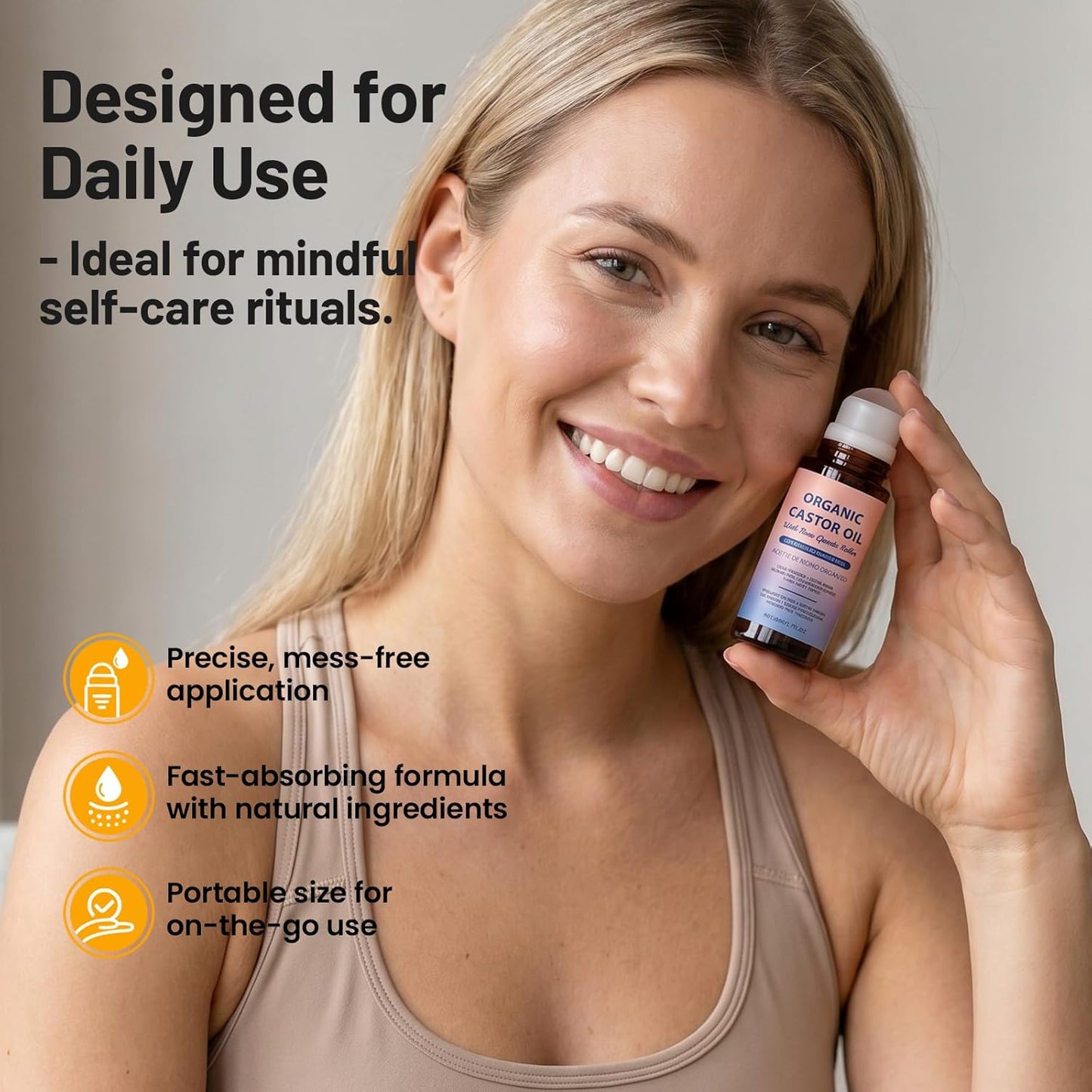Rose Quartz Face Roller - 100% Pure Organic Castor Oil Serum for Fine Lines, Wrinkles & Puffiness | Self-Care Gift for Women 35+ - 1.72oz