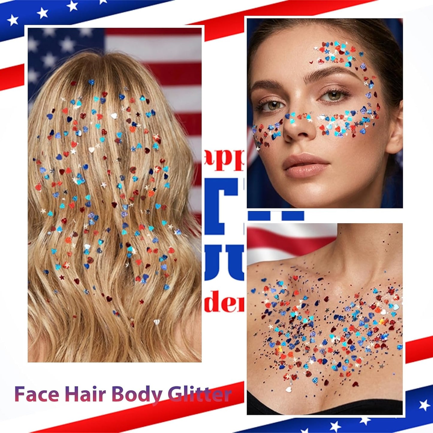 Red, White & Blue Face Glitter Stick - Patriotic USA Accessories for 4th of July | Heart & Star Sequins
