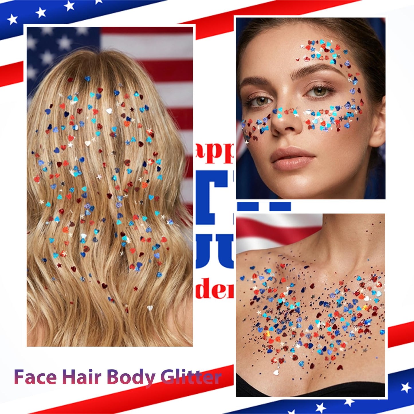 Mysense Red White and Blue Face Hair Body Glitter Stick with Heart & Star Sequins,4th of July Outfits for Women Kids,Patriotic USA Accessories for Independence Day Memorial Day 250 Anniversary