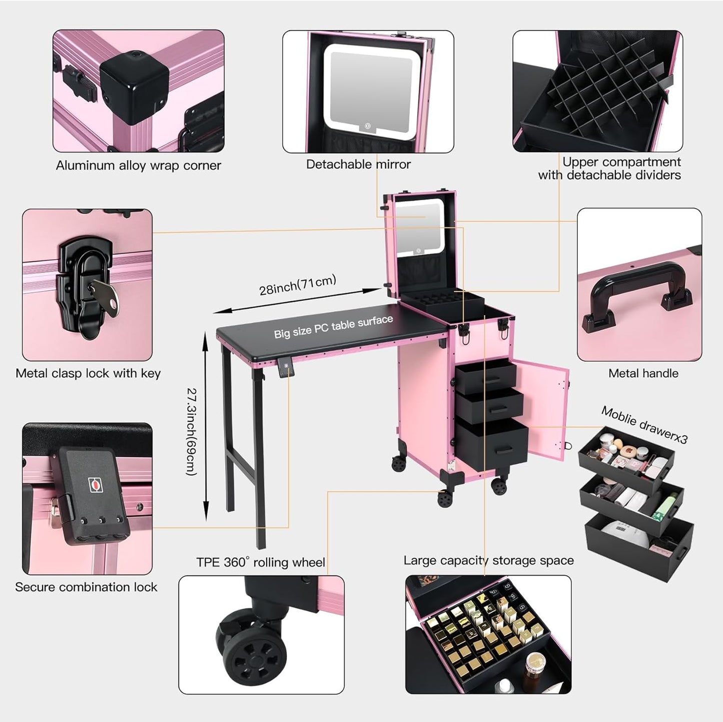 Portable Manicure Table - Rolling Nail Desk with 3 Drawers & Lockable Makeup Case | Pink with Detachable Mirror