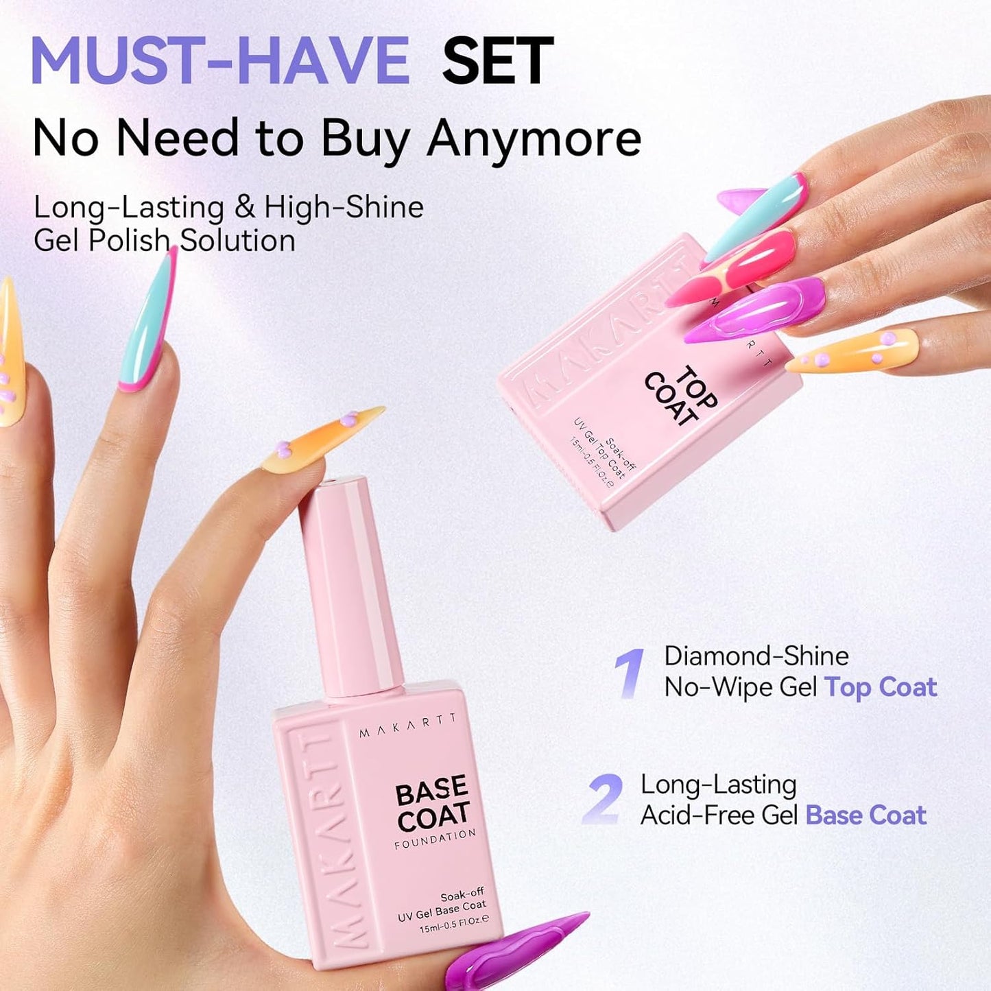Makartt Gel Top & Base Coat Set - 15ml No Wipe Diamond-Shine Long-Lasting Nail Polish | Perfect for Home DIY Gifts