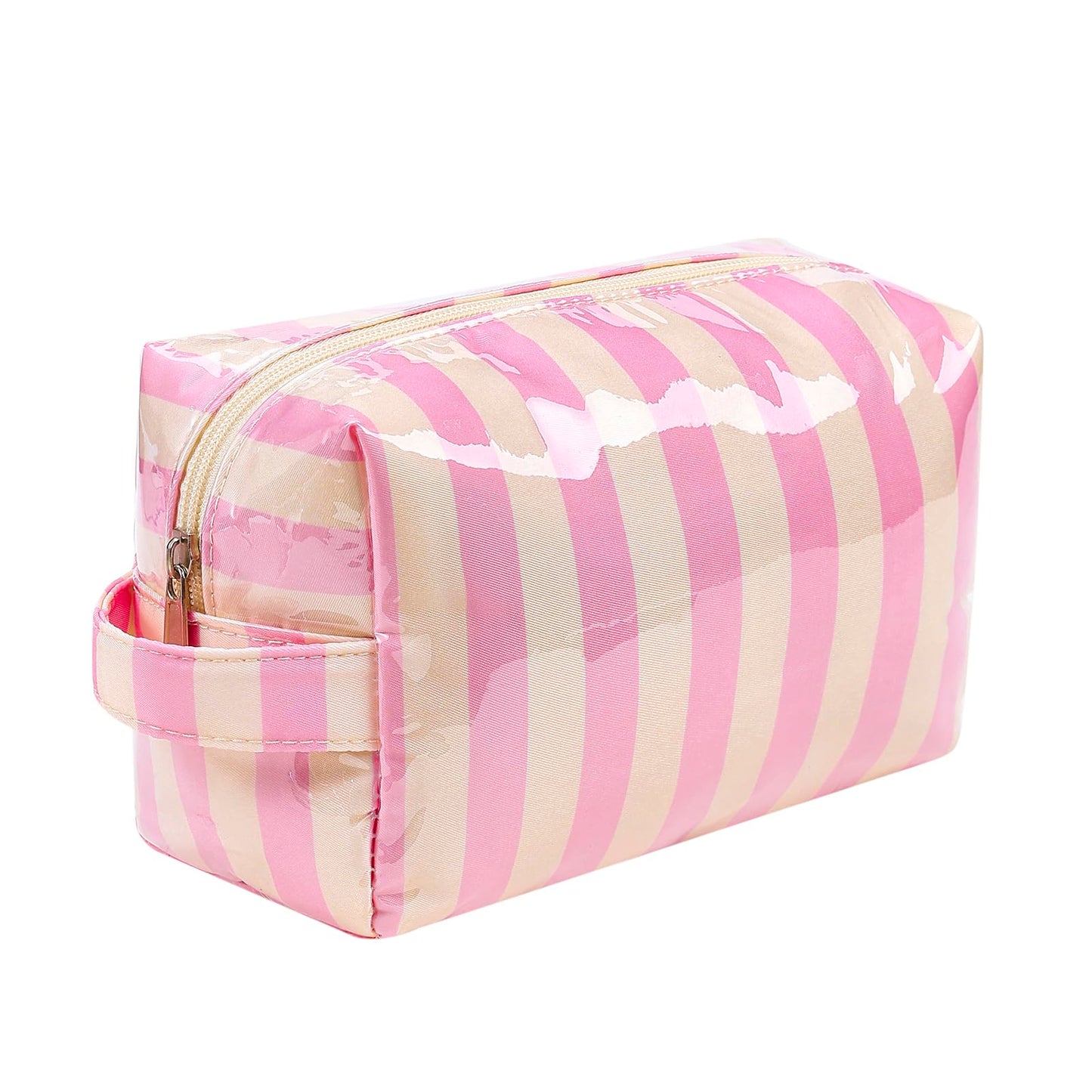 Lestikave PVC Striped Makeup Bag,Easy to Clean,Waterproof Clear Coated Cosmetic Bag,Cute Travel Organizer Zipper Pouch for Beach Vacation Essentials(01Beige Pink)