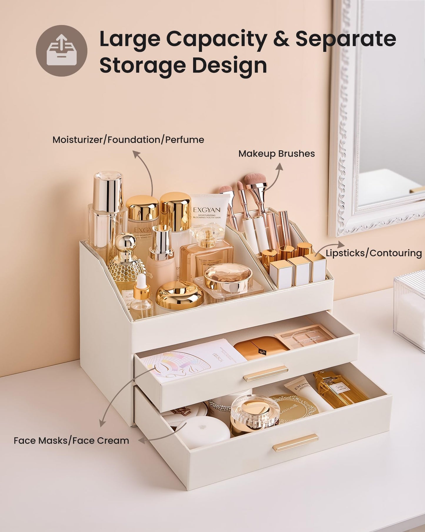 Lolalet Makeup Organizer for Vanity Desk, 3-Layer PU Leather Luxury Make Up Storage Cosmetics Holder Box with Drawers -Cream