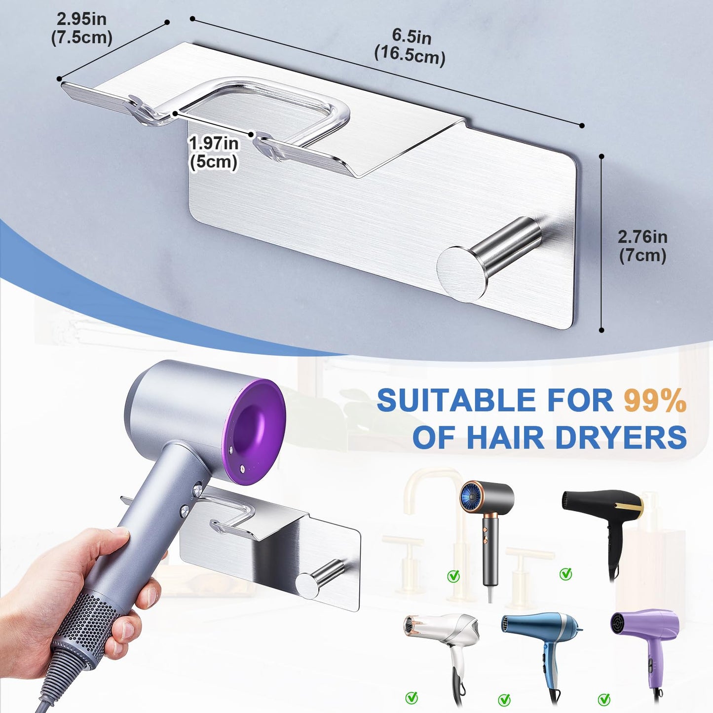 XILIMEN Hair Dryer Holder Wall Mounted, Blow Dryer Holder Adhesive, Metal Hairdryer Holder for Bathroom, Hair Tool Organizer with Plug&Cord for Cabinet Bathroom Bedroom Barber Shops (Sliver)