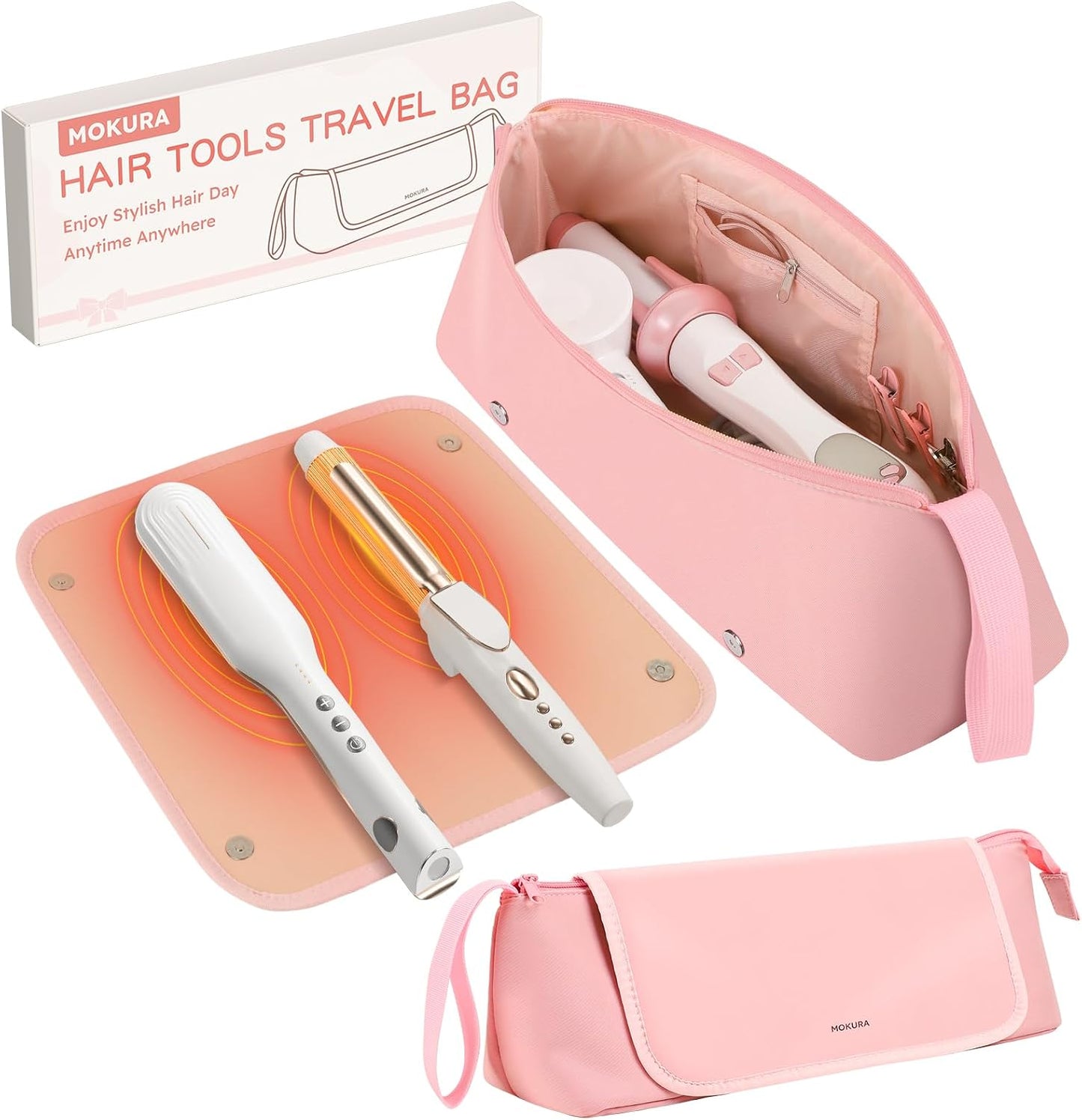 MOKURA Travel Hair Tools Organizer Bag - Heat Resistant Mat, Removable Storage Pouch for Curling Iron & Straightener | Black