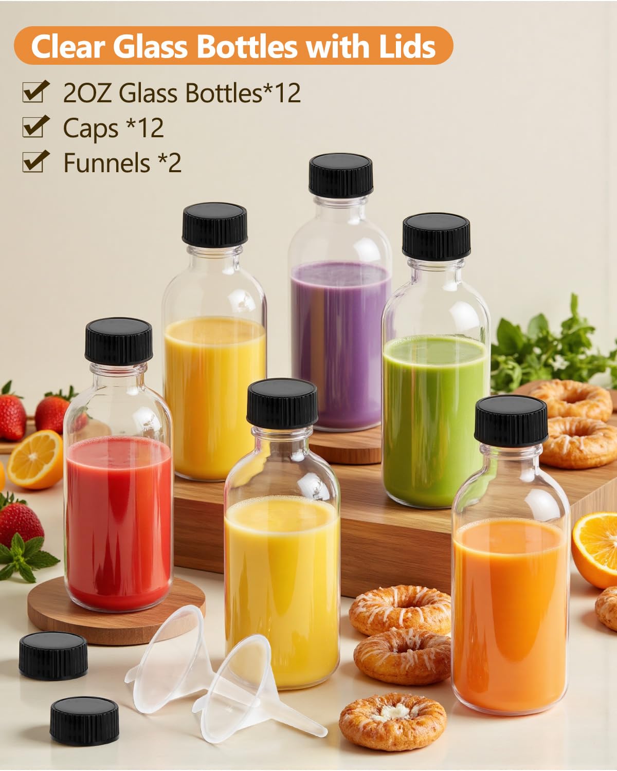 Rionisor 2OZ Small Glass Bottles with Lids and Funnels, 60ml Boston Round Glass Bottles, Leakage-Proof Mini Travel Bottle, Perfect for Diy Essential Oils, Perfumes, Whiskey and Juices, 12 Pack Clear