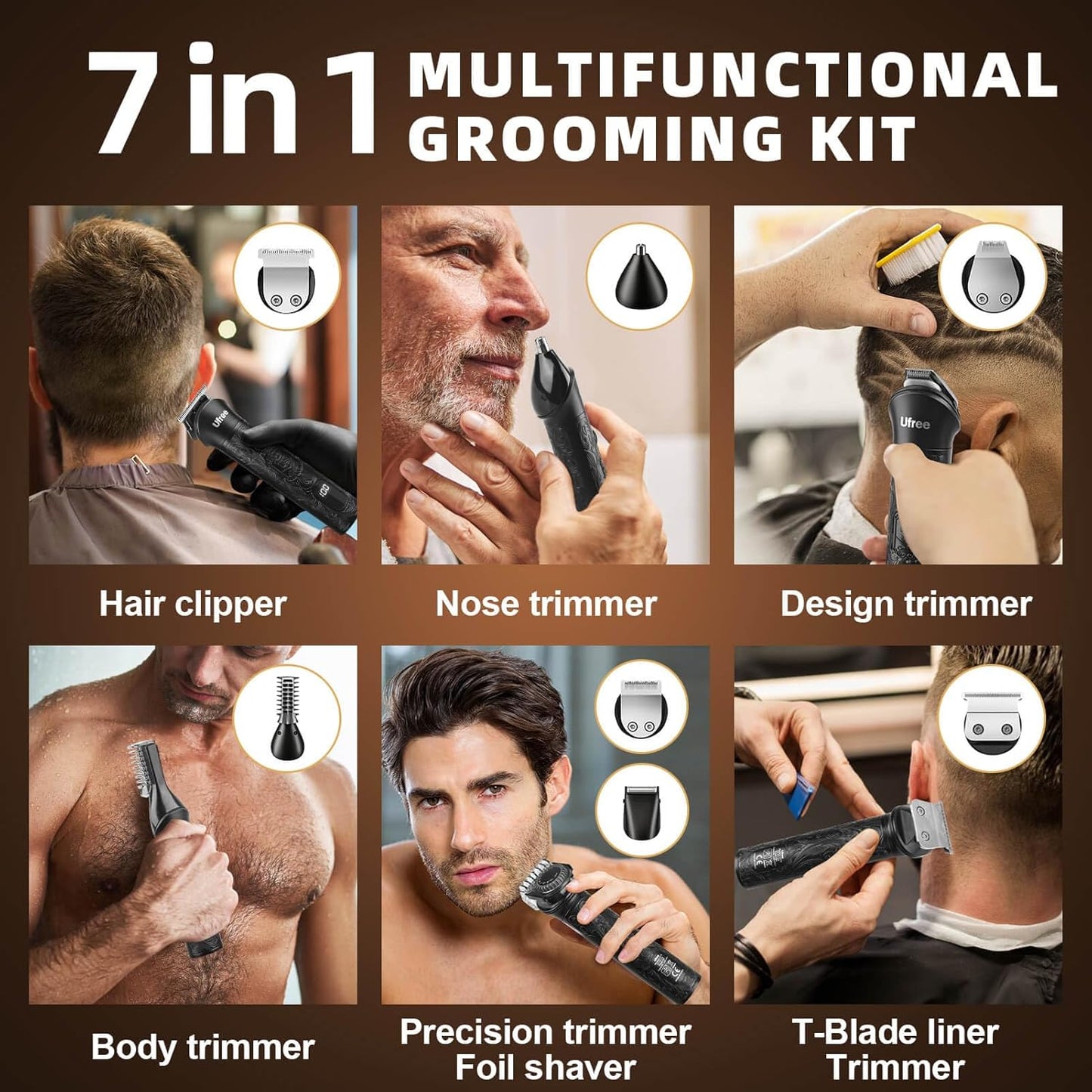 Beard Trimmer for Men - 7-in-1 Electric Grooming Kit | Cordless Hair Clippers for Mustache, Body & Facial Hair
