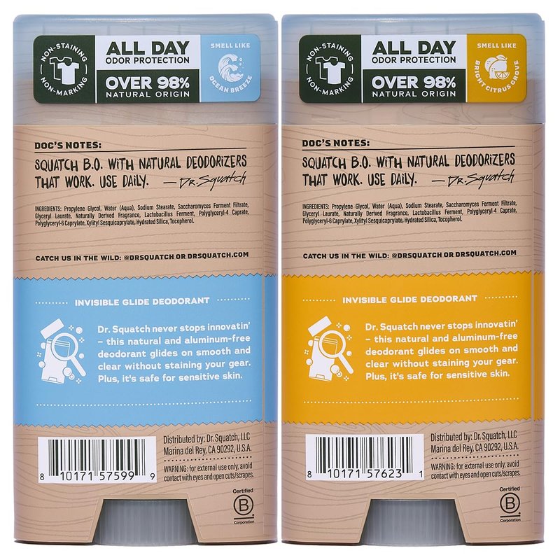 Dr. Squatch Invisible Glide Natural Men’s Deodorant – Smooth Glide, No Stains – Aluminum Free Deodorant Men – Safe for Sensitive Skin – Coastal Mist + Summer Citrus, 2.65oz (2-Pack)