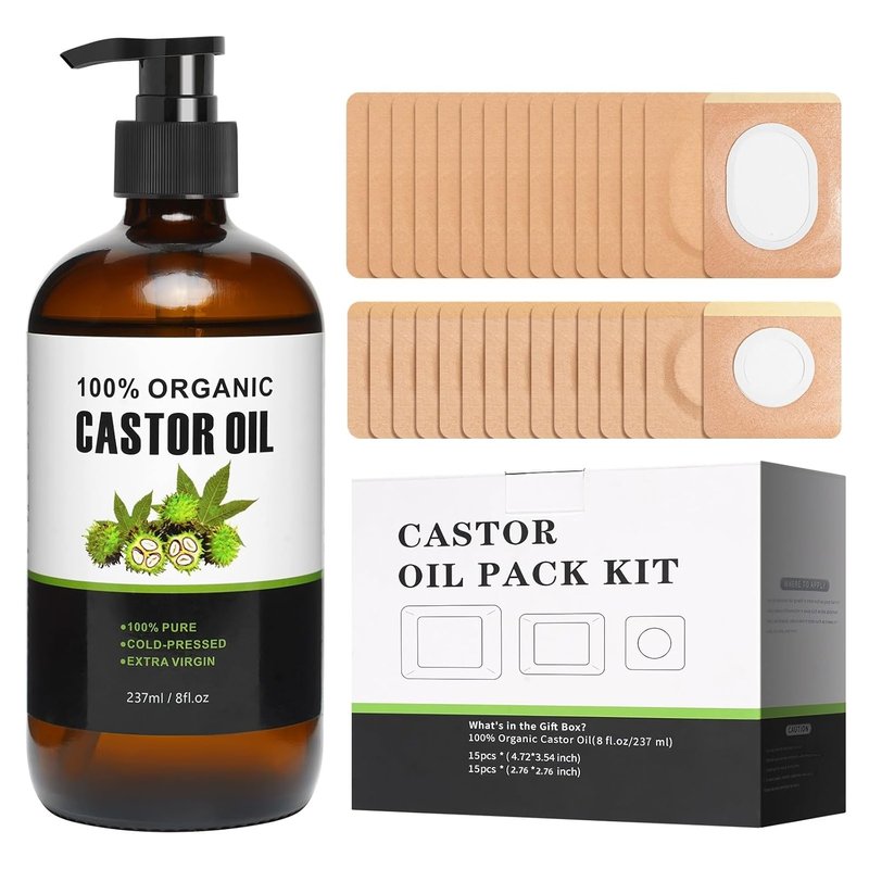 Castor Oil Patches Kit - 30 Pack Organic Cotton Wraps for Stomach & Liver Detox | Includes 8 oz Cold Pressed Castor Oil