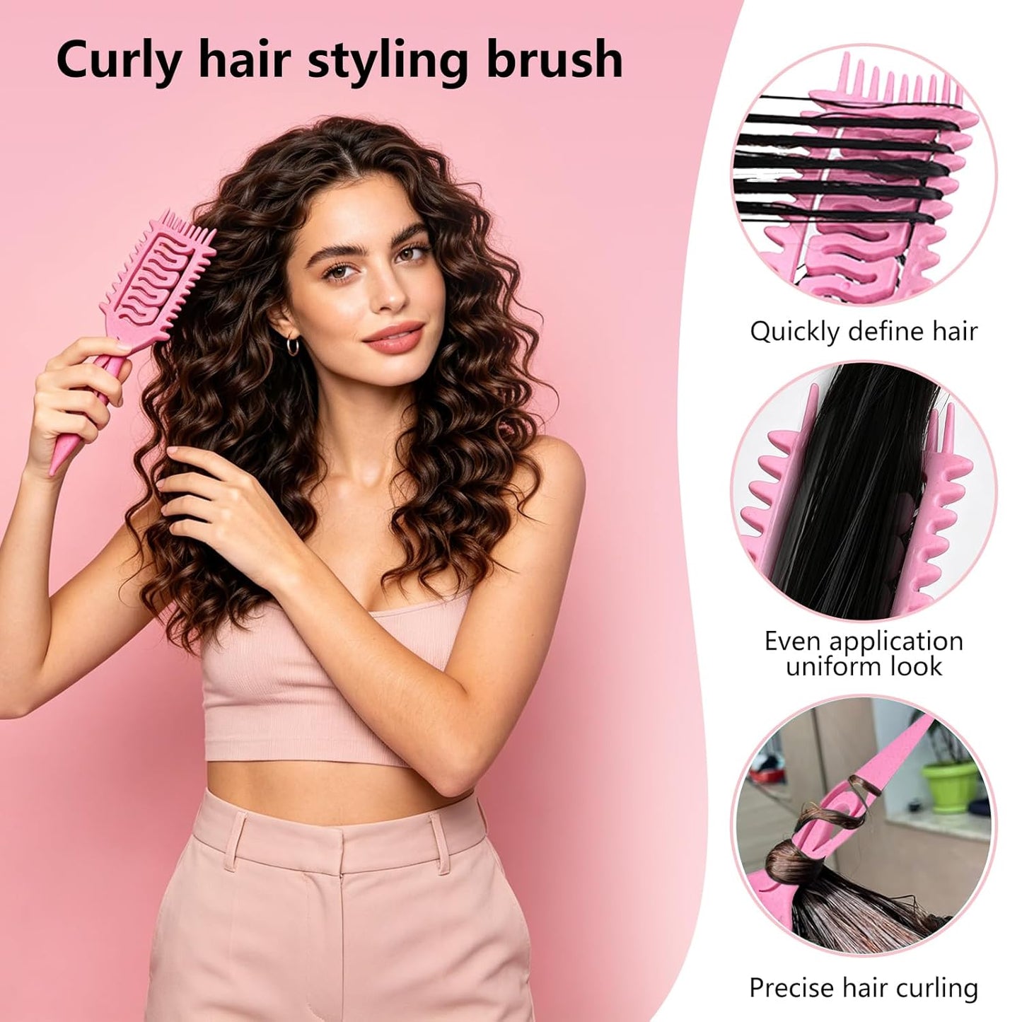 Curly Hair Defining Brush Set - 3 Ergonomic Slick Back Brushes for Wet & Dry Hair | Frizz Reduction (Pink)
