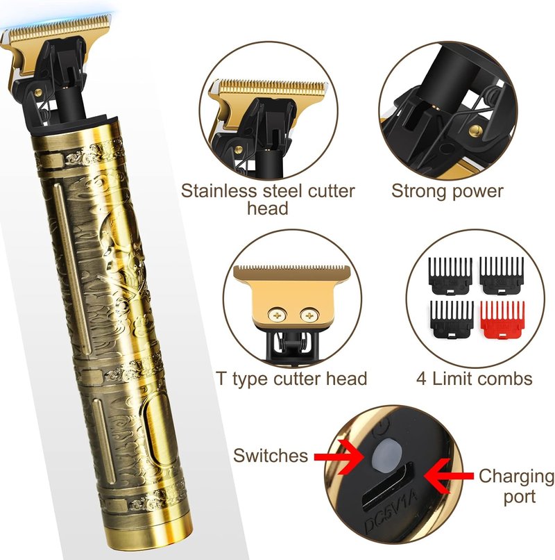Professional Hair Trimmer for Men - Cordless Rechargeable Beard Clippers | Metal Body Grooming Kit in Bronze