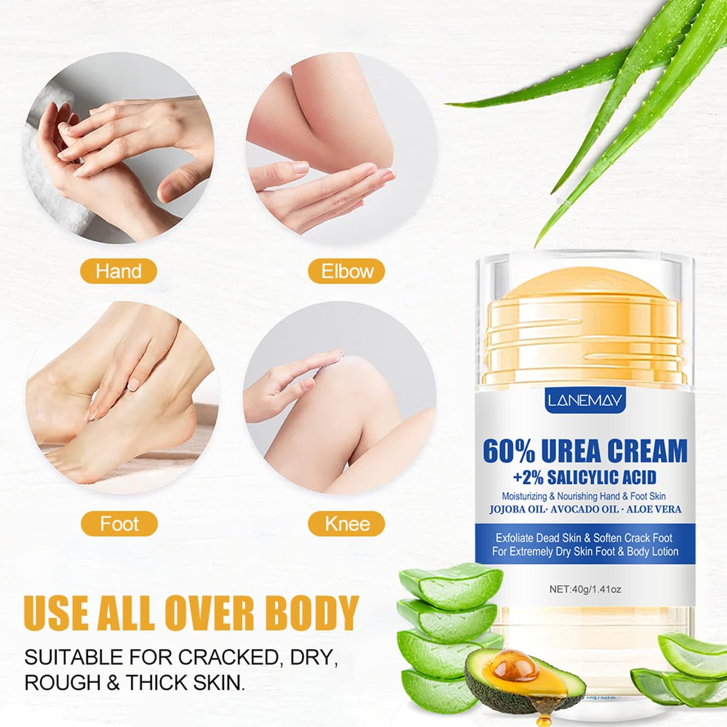 DENESTUP 2Pcs Urea Cream 60% for Feet & Dry Cracked Skin, Cracked Heel Repair Stick Maximum Strength Moisturizing Foot & Hand Balm, Repair Creams for Dry Feet, Knee, Elbow and Hand
