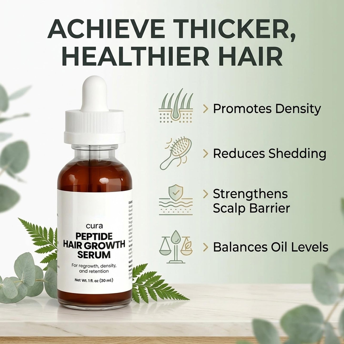 Cura Peptide Hair Growth Serum, Revitalize for Thicker Hair, Hair Growth Serum - Refreshing and Non-Greasy