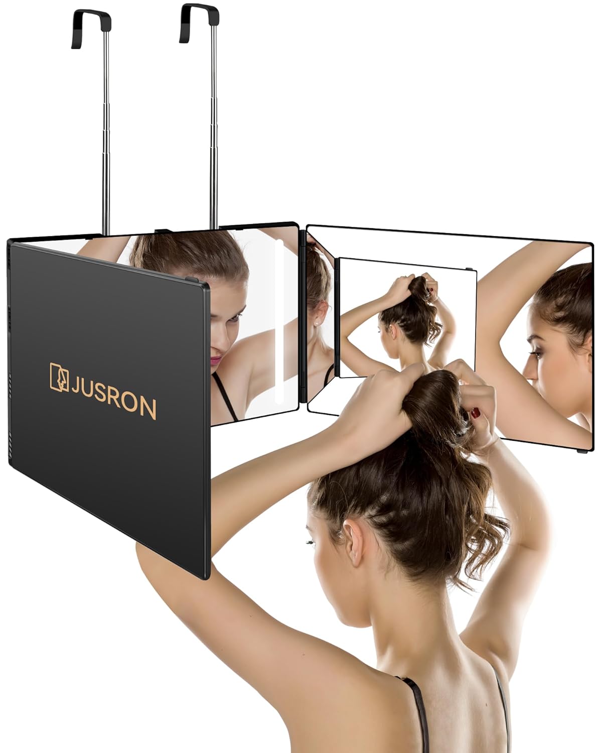 JUSRON 360-Degree Self Hair Cutting Mirror - Clear Anti-Fog HD Glass | Black, No LED or Accessories