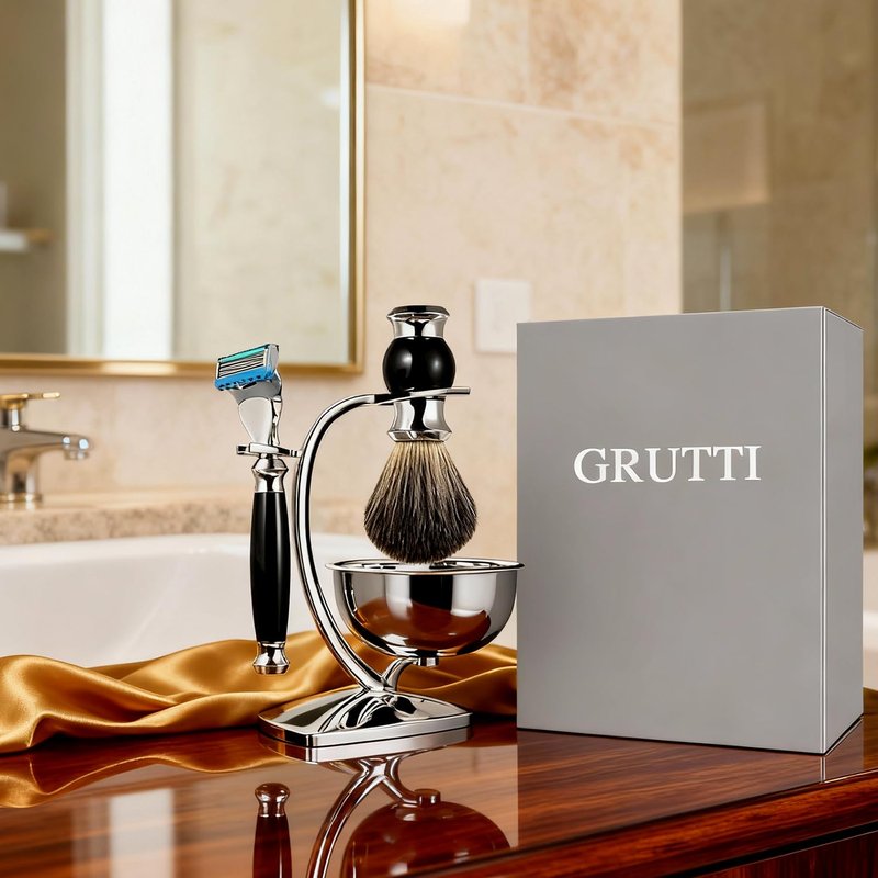 GRUTTI Premium Shaving Kit for Men, 4 in 1 Shaving Set Includes Shaving Stand & Soap Bowl &Brush, Deluxe Safety Mens Razor Holder with Non Slip Base Shaving Kit compatible with Fusion 5