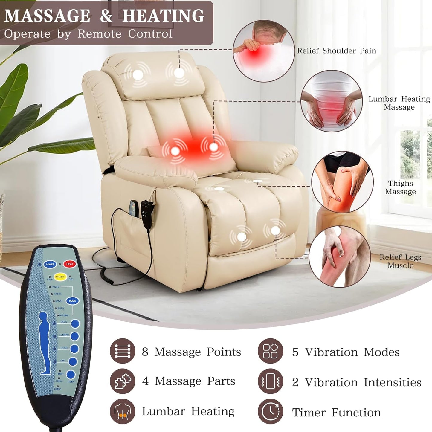 Infinite Position Lift Recliner Chair - Dual Motor Power with Massage & Heating | Extended Footrest, USB Ports, Remote Control, Beige Leather