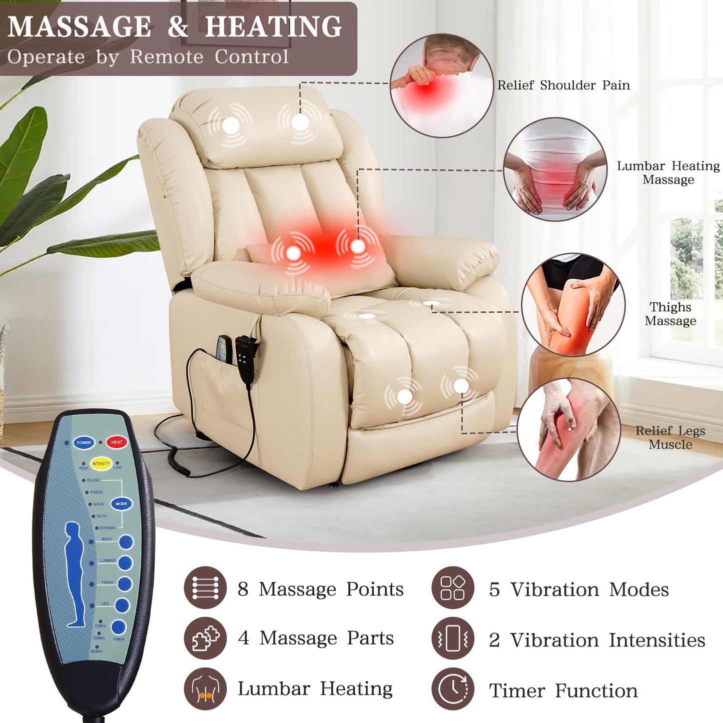 Infinite Position Lay Flat Lift Recliner Chair for Adults, Dual Motor Power Lift Chair for Elderly with Massage & Heating, Extended Footrest, USB Ports, Remote Control & Lumbar Pillow, Leather (Beige)