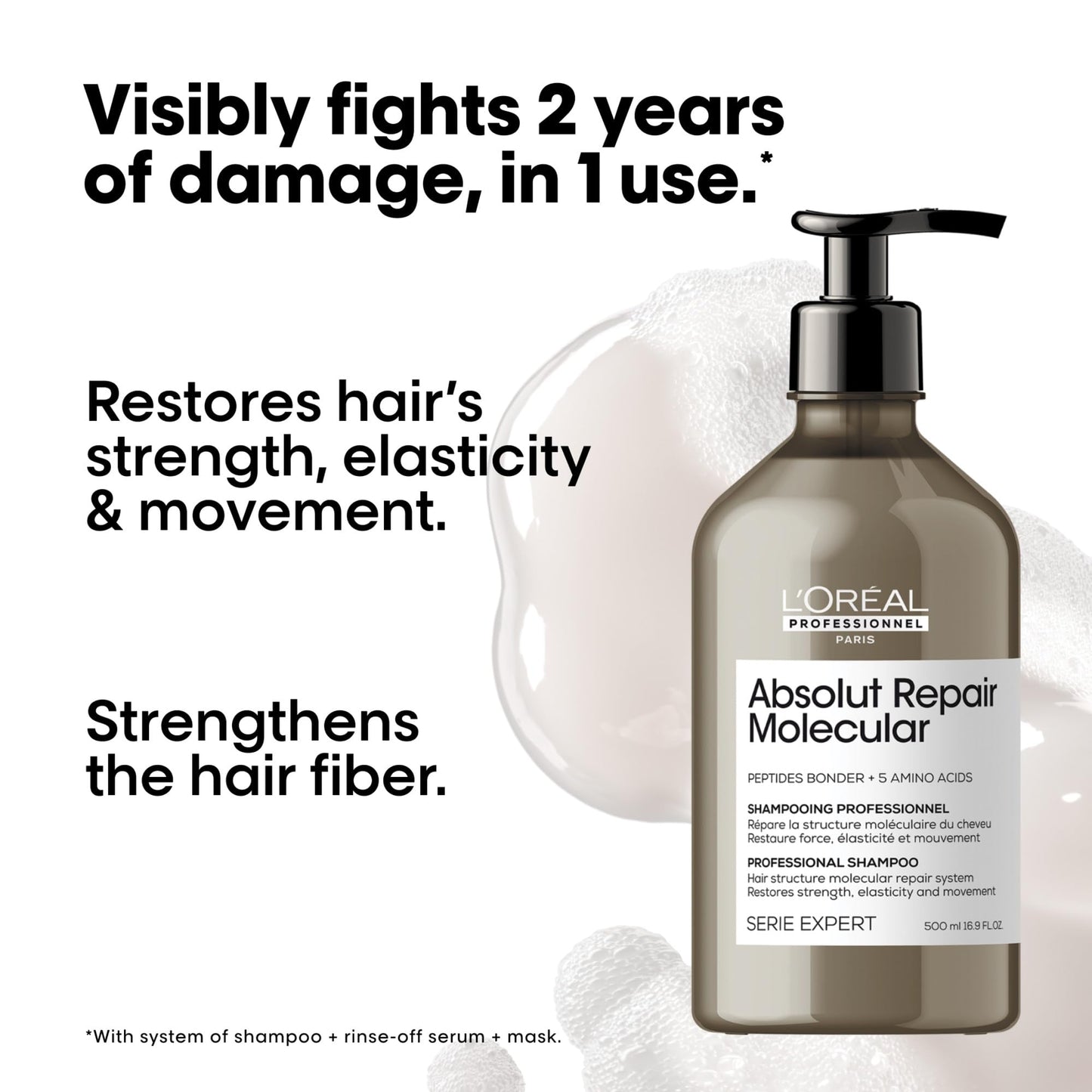 LOréal Professionnel Paris Absolut Repair Molecular Shampoo - Bond Building & Hair Strengthening Shampoo, For All Color Treated and Damaged Hair, With Peptide Bonder & Amino Acids, Sulfate-Free