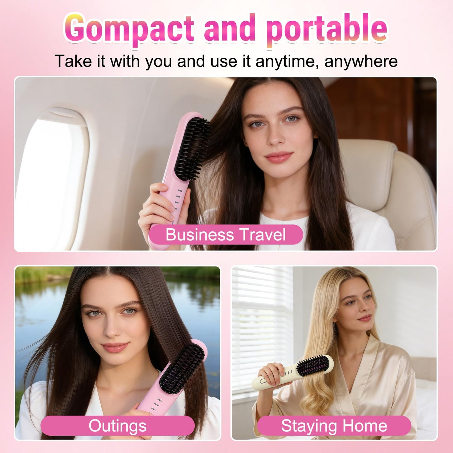 Hair Straightener Brush for Short Hair, 2026 Upgraded Cordless Straightening Brush with 30s Fast Heat, 4 Temperature Settings, Ionic & Ceramic Care, USB-C Rechargeable for Frizz-Free Styling (B-Pink)