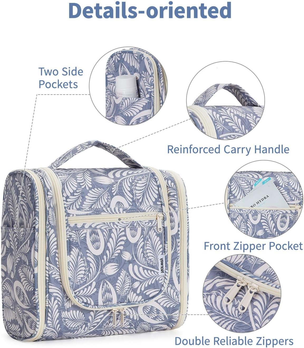 Hanging Toiletry Bag for Women | Travel Makeup Organizer - Large Blue Leaf Design