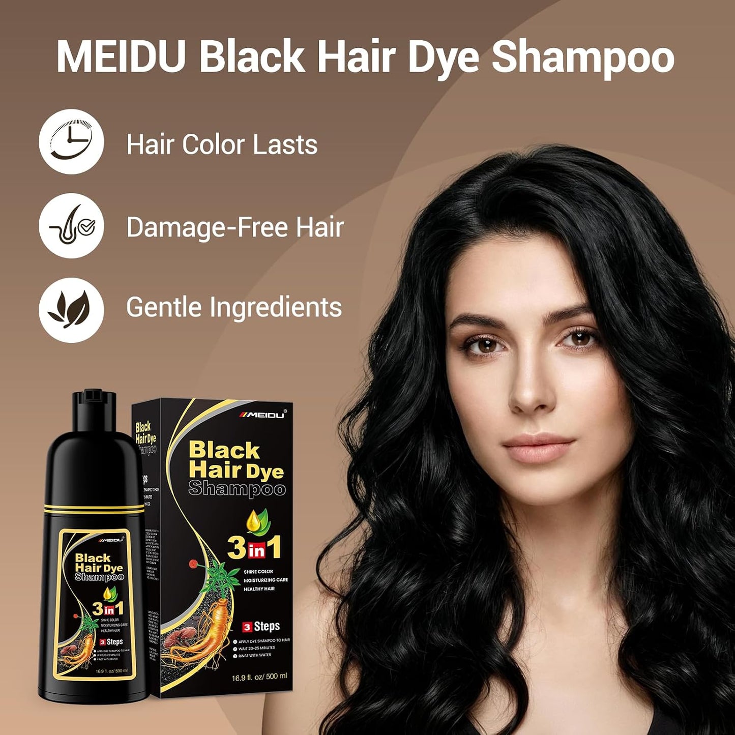 Black Hair Dye Shampoo - 3 in 1 Semi-Permanent Gray Coverage for Color-Treated Hair | 500ml