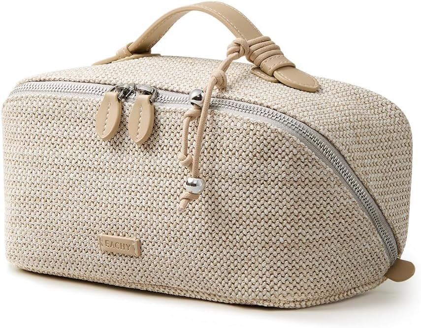 Travel Makeup Bag - Woven Toiletry Organizer with 180° Wide-Open Design | Large Capacity with Divider & Handle