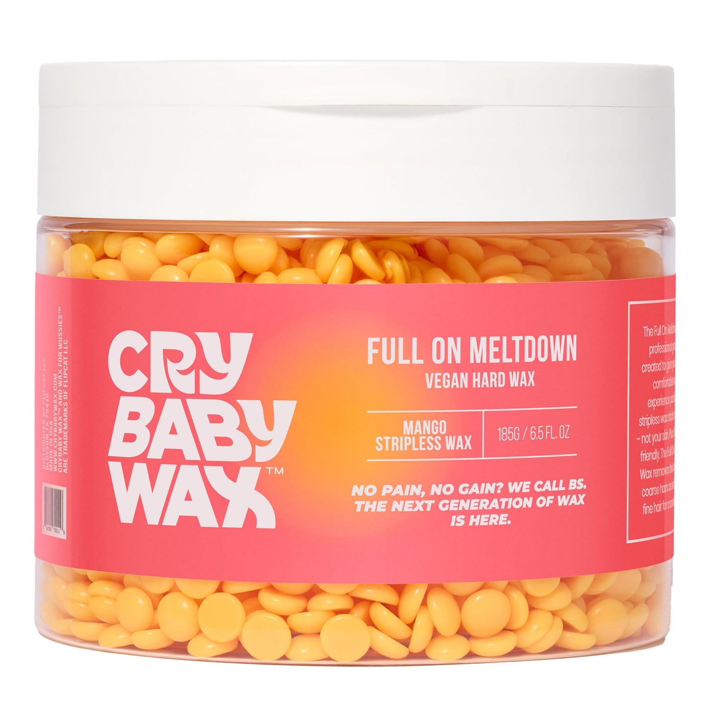 Crybaby Wax Full On Meltdown Mango Vegan Hard Wax Beads for Hair Removal, Stripless Face & Body Wax, Coarse Hair, 6.5 oz
