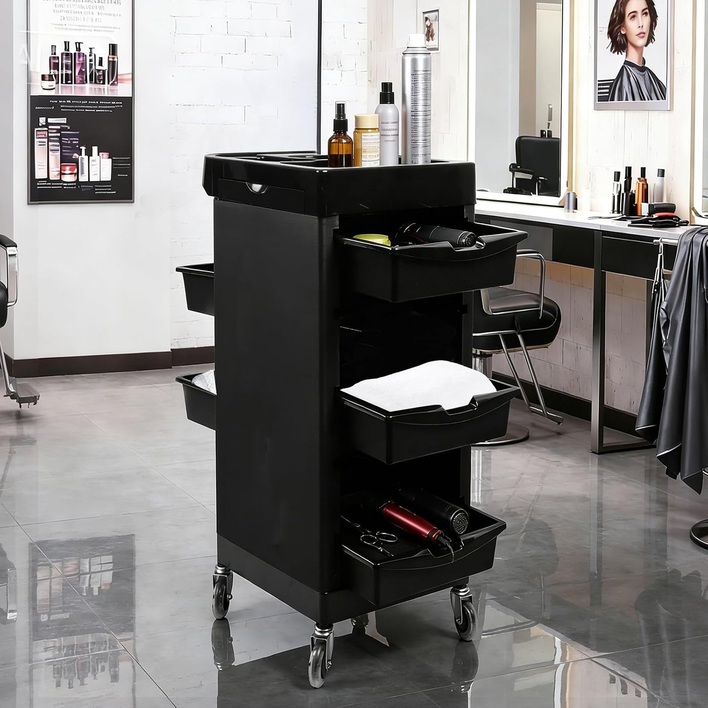 Salon Beauty Rolling Trolley Cart - Black Hair Storage Cabinet with Multi Drawers & 4 Universal Wheels | Barber Organizer