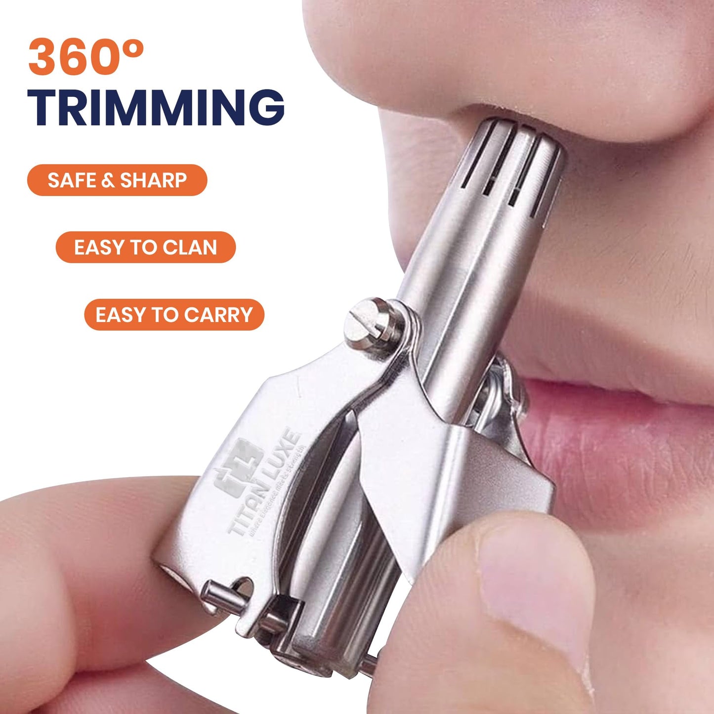 Titan Luxe Stainless Steel Hair Trimmer for Men and Women | Manual Nose and Ear Hair Trimmer | Nose Clippers, 360° Rotating Hair Trimmers | Washable Nose Hair Remover