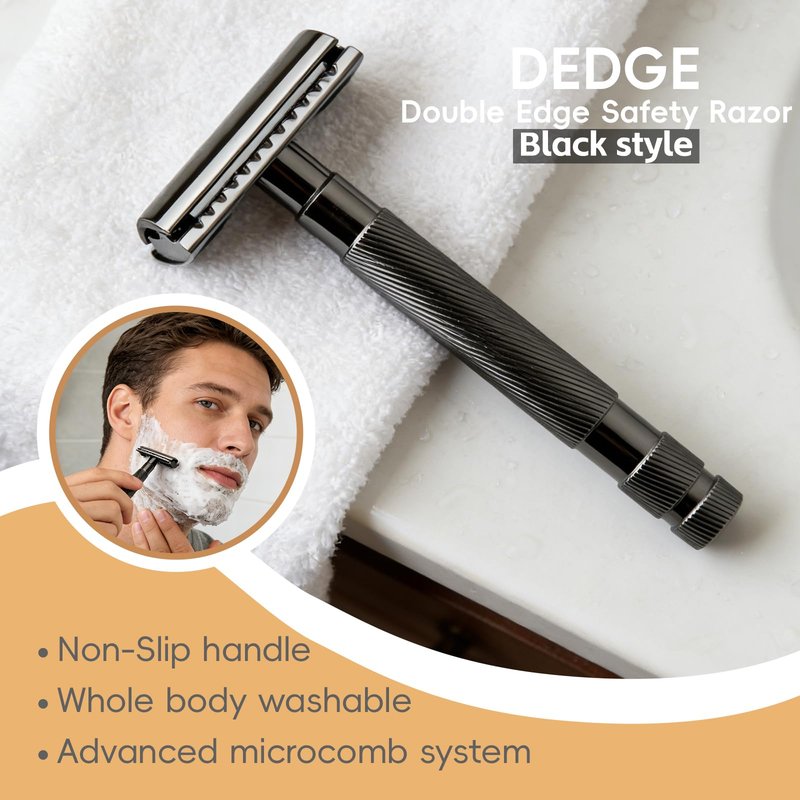 DEDGE Classic Double Edge Safety Razor Single Blade Razor For Men, Reusable Razor, with 5 Premium Razor Blades(Black)