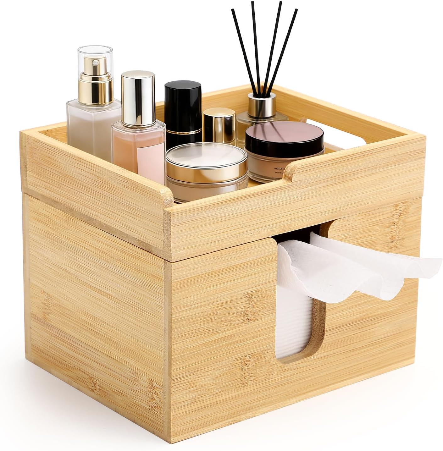Bamboo Face Towel Holder - 120 XL Towels Included | Open-Top Skincare Organizer for Beauty Essentials