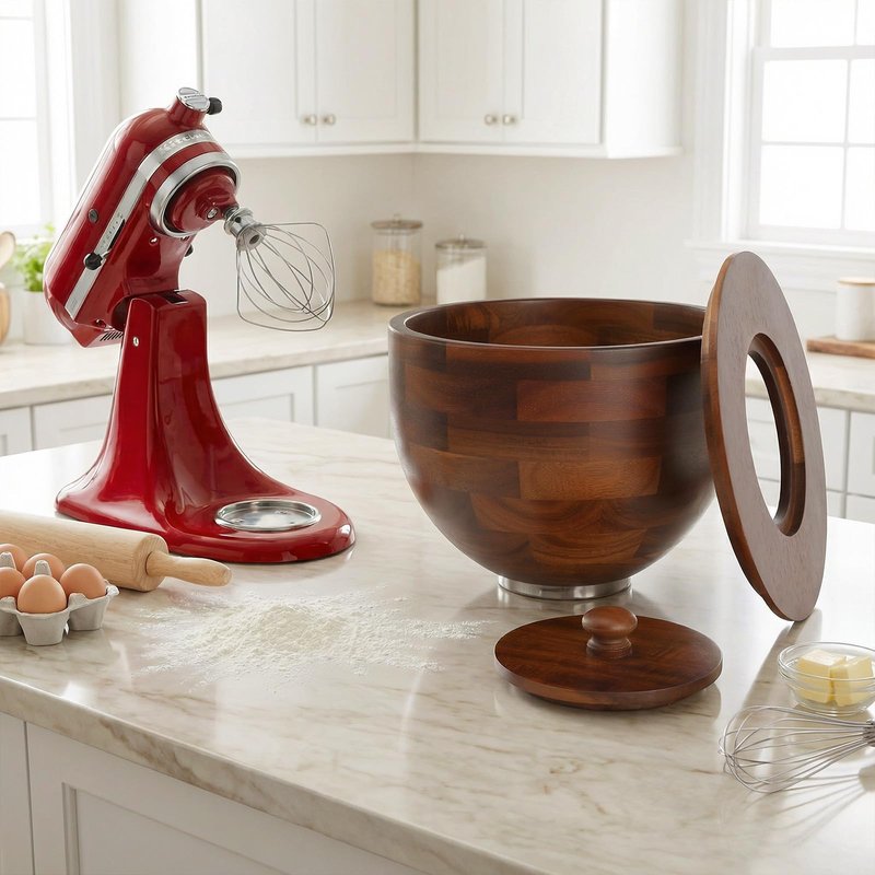 UTJZIB Wood Mixing Bowl Compatible with 4.5-5 Qt Tilt-Head Stand Mixers with Lid Cover - Natural True Acacia Wooden Bowls, 5 Quart Kitchen Aid Bowls for Mixer with Stainless Steel Locking Base.