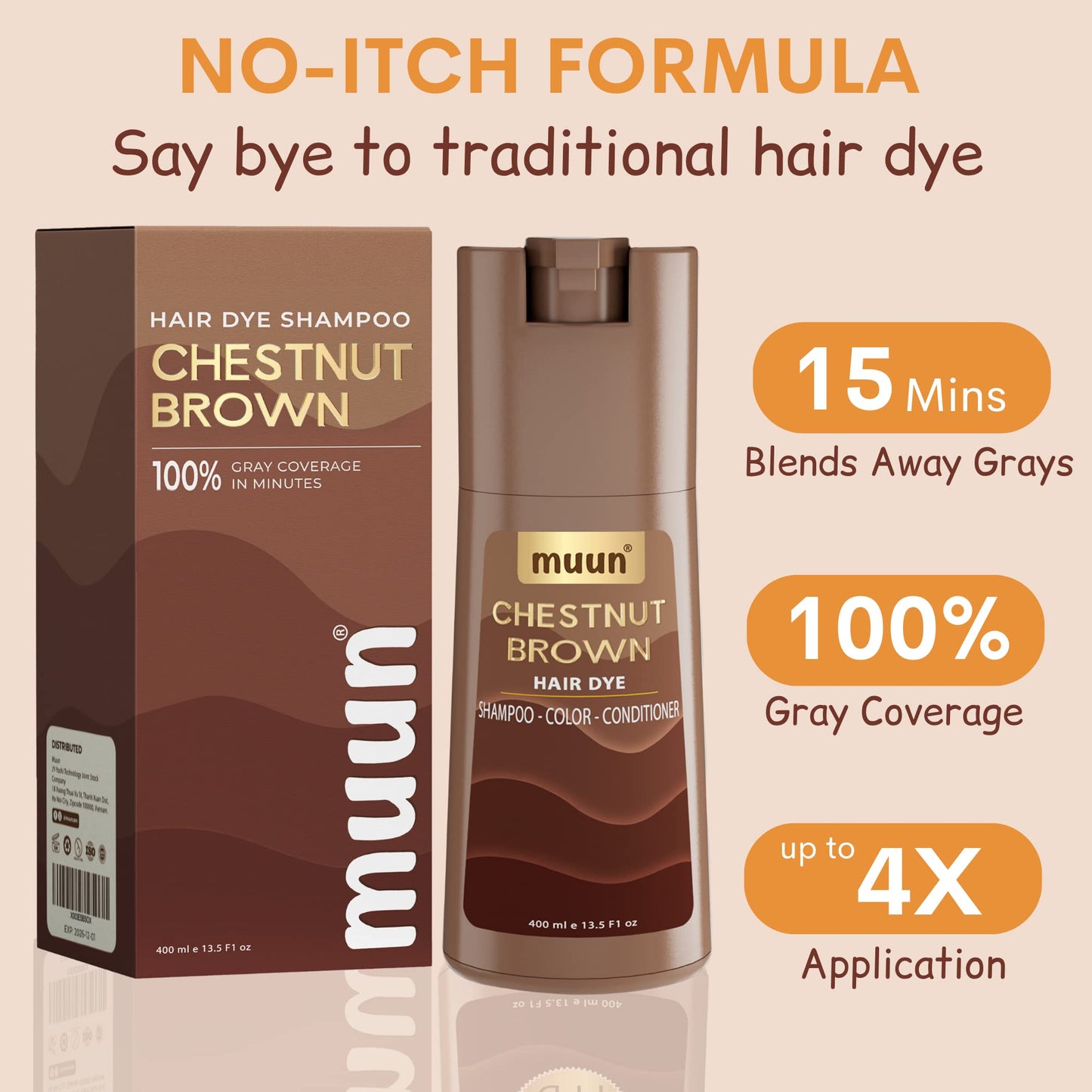 Muun Chestnut Brown Hair Dye Shampoo - 3-In-1 Ammonia Free Hair Color Shampoo for Gray Hair Coverage for Women and Men in minutes with Herbal Natural Ingredients 400ml